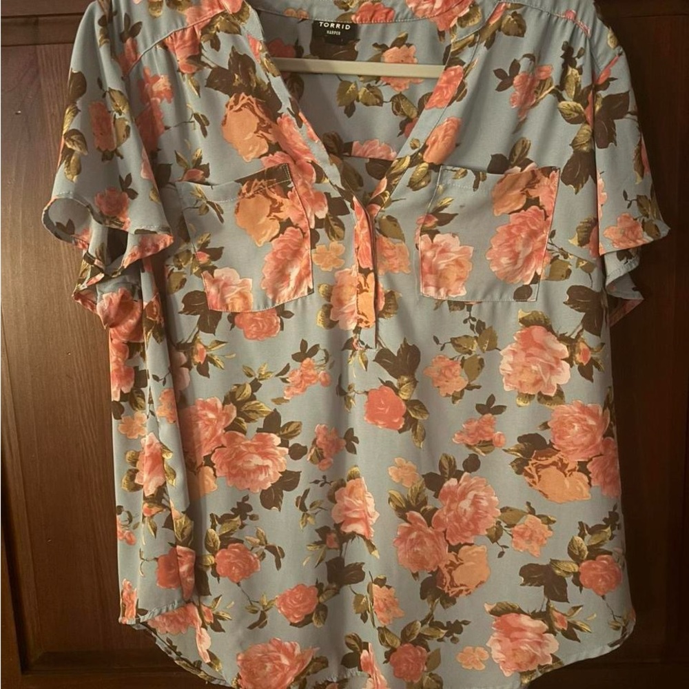 Torrid Floral Blouse - Blue and Coral